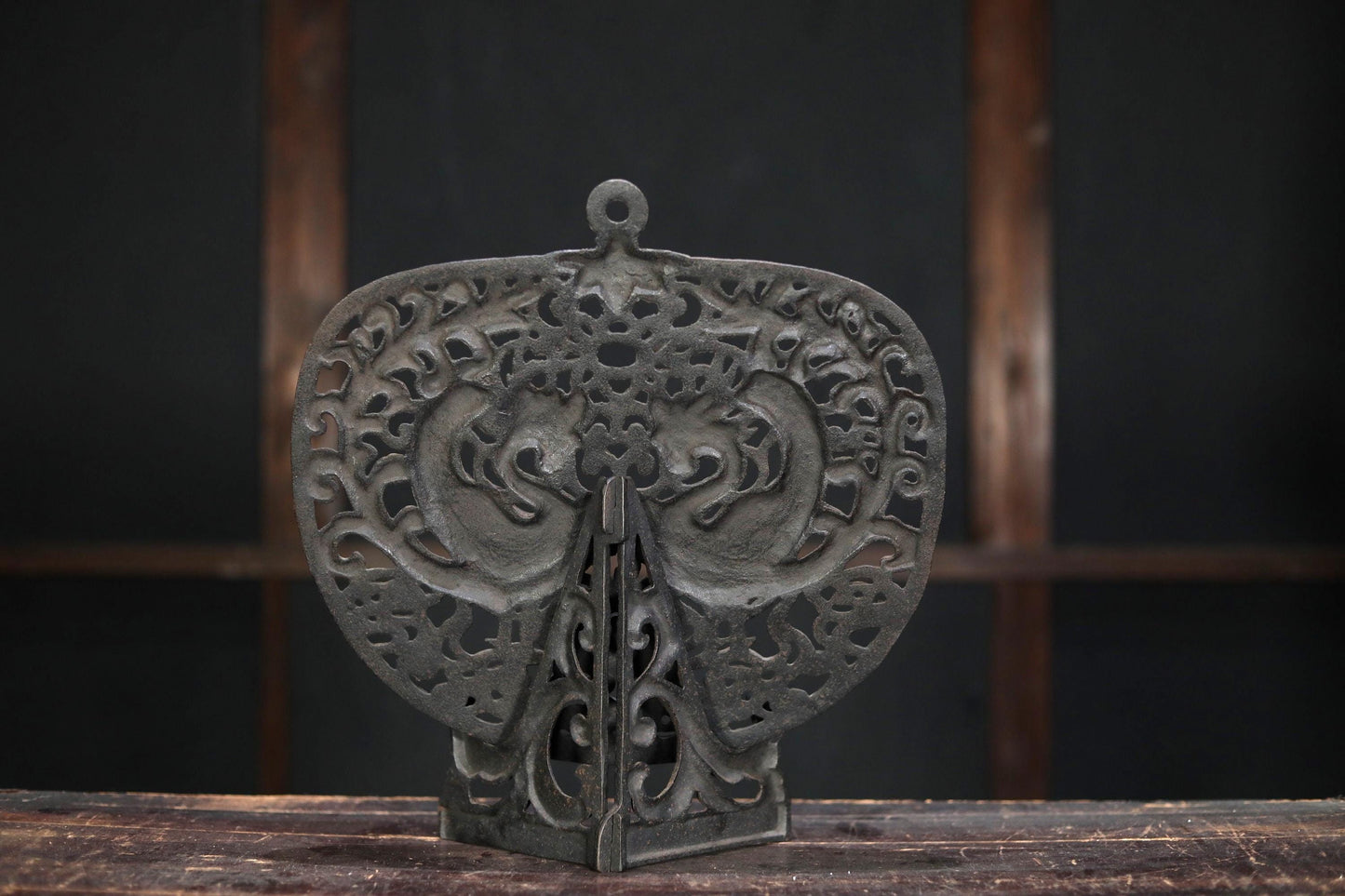 Japanese vintage buddhist metal art Phoenixes, Clouds and Flowers design wall decoration metal openwork with stand  H13.4in/H34cm