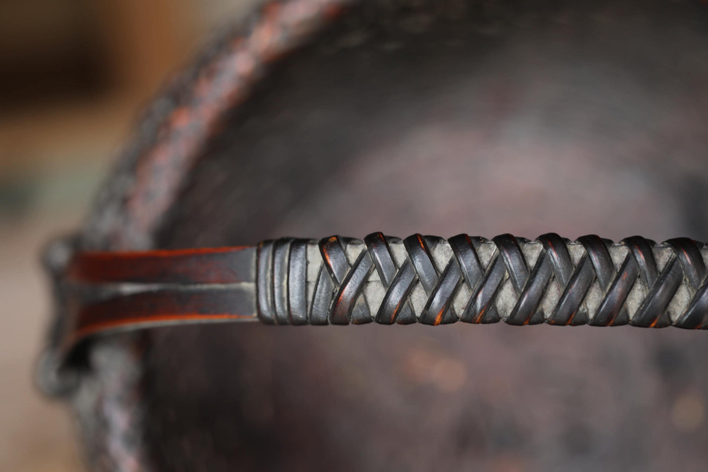 Japanese vintage 1950s bamboo woven small basket in smoke stained color For IKEBANA, Tea ceremony, Hana-kago H6.7in/H17cm