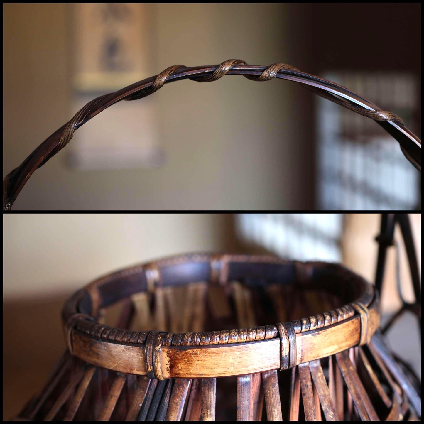 Japanese antique bamboo woven basket with a handle, hand craft For IKEBANA Tea ceremony, Hana-kago 1960s H11.4×9.4in / H29×24cm