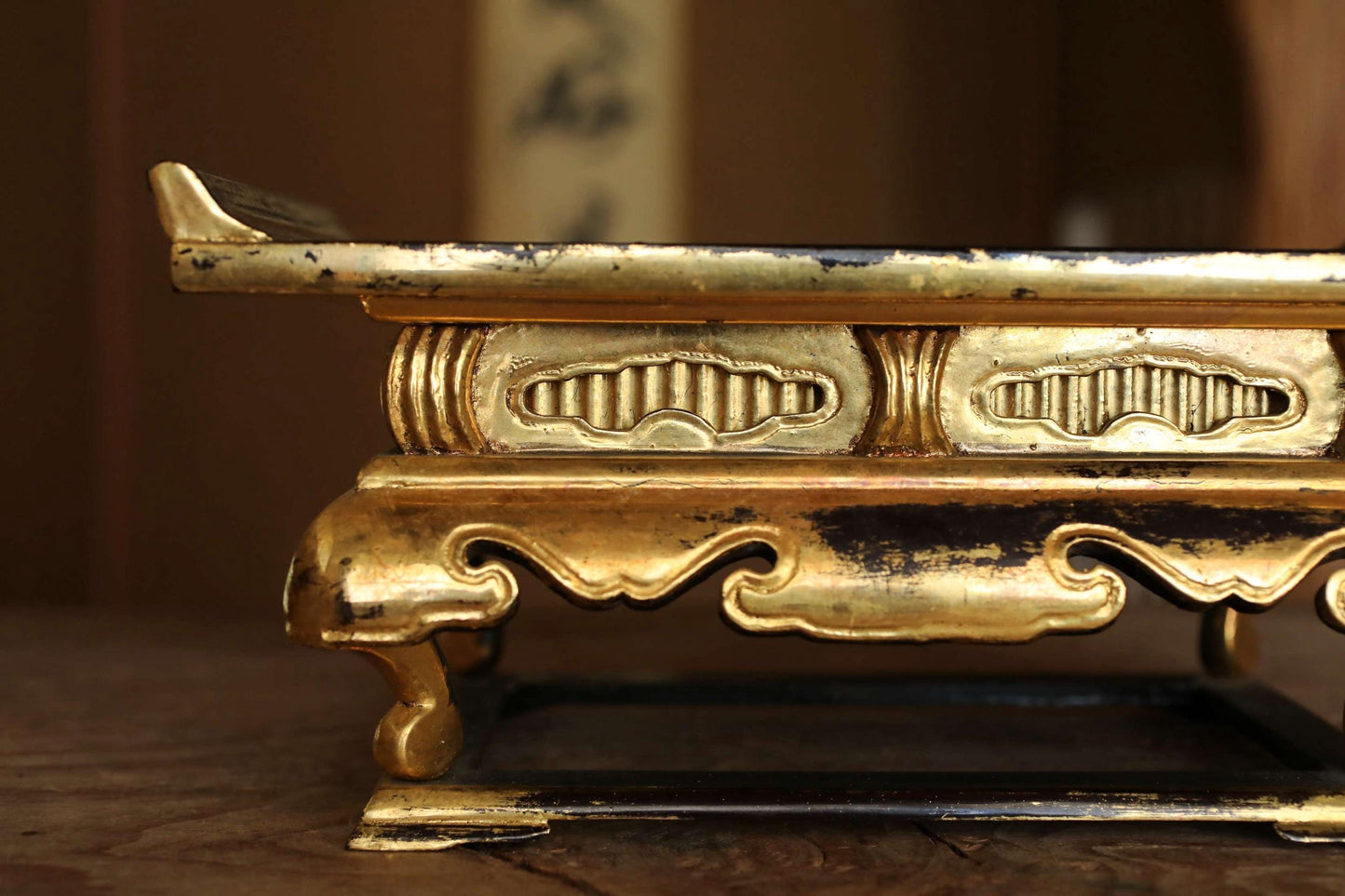 Japanese vintage gold lacquer pedestal, Buddhist table temple table Buddhist Wood Stand furniture black Sutra desk H5.6×12.4in/H14.2×31.4cm
