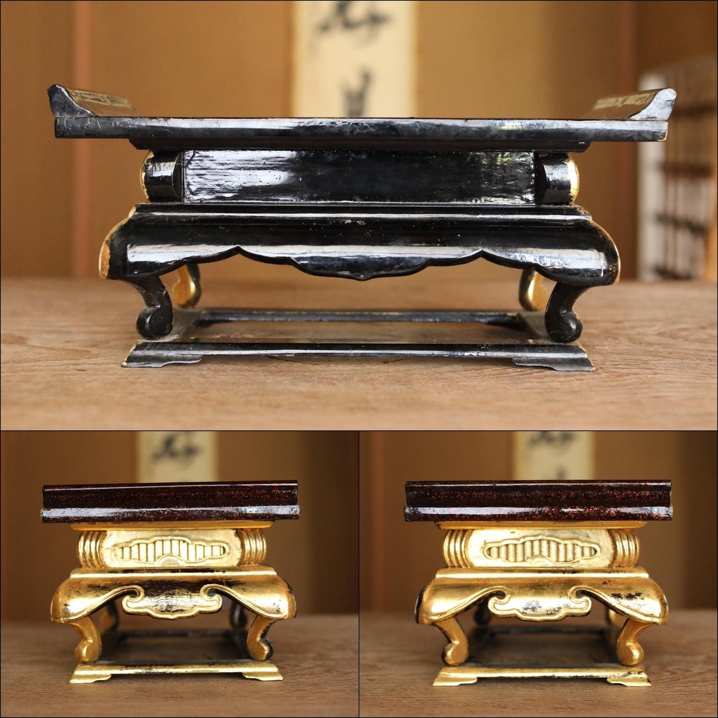 Japanese vintage gold lacquer pedestal, Buddhist table temple table Buddhist Wood Stand furniture black Sutra desk H5.6×12.4in/H14.2×31.4cm