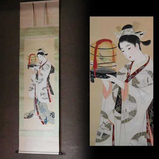 Japanese vintage painting hanging scroll of water color Kimono woman with a birdcage and nightingale,  KAKEJIKU  1970s H79.5 x W21.7in