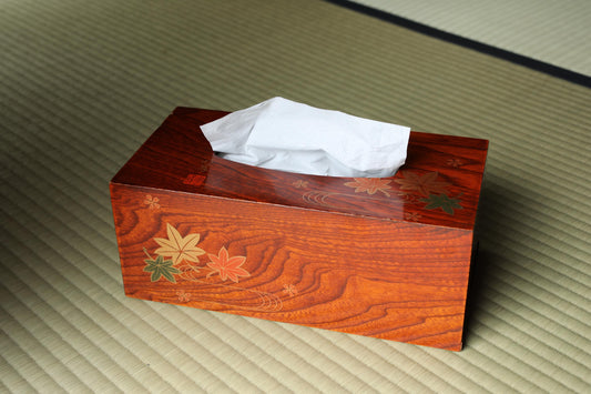 Japanese vintage urushi wooden tissue box holder with MAKIE autumn leaves with signed beautiful gold H4.3×5.5×10.8in/H11×14×27.5cm