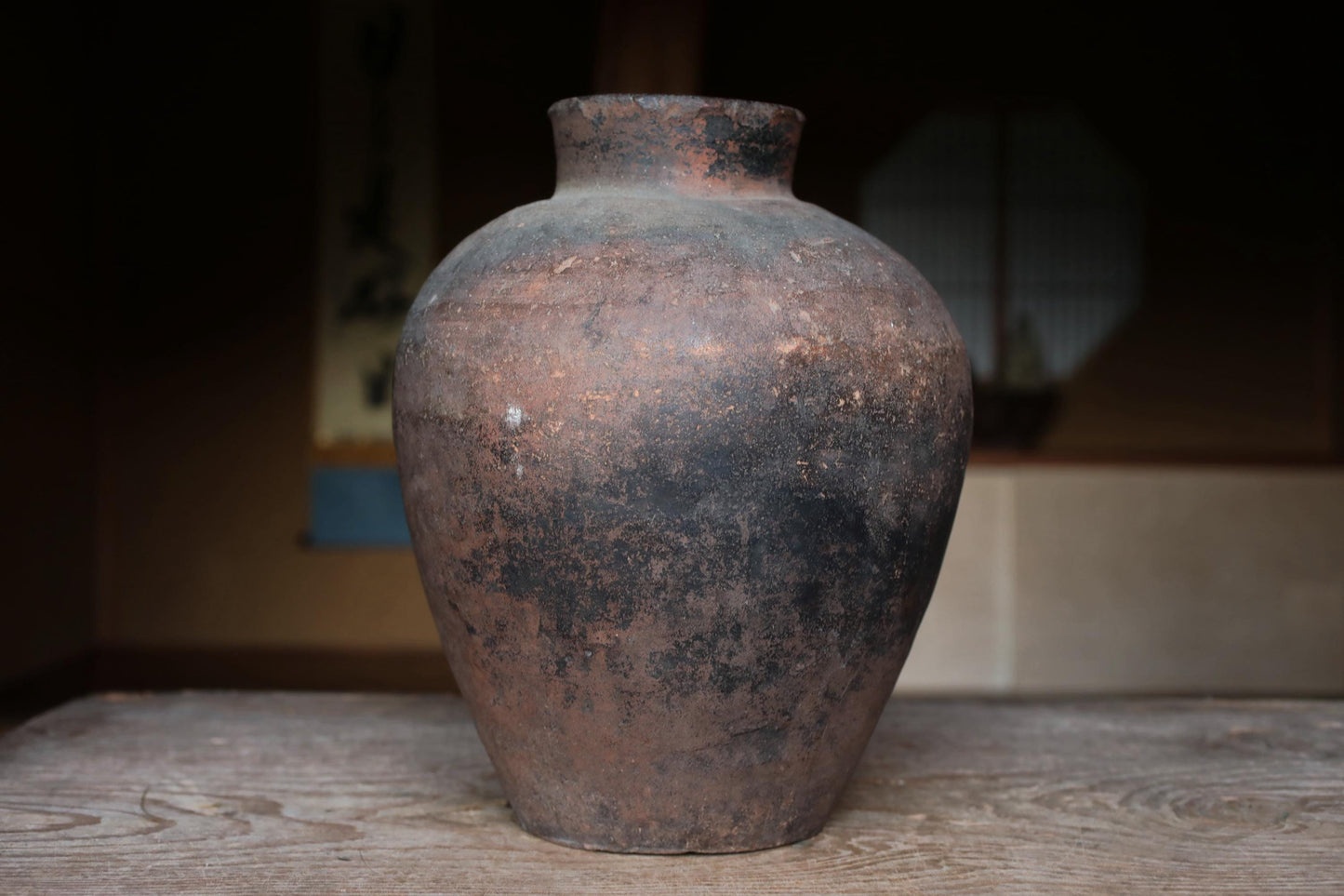 FINE! 1800s Japanese BIZEN hand made pottery jar Wabi Sabi kiln ceramic Edo Tea ceremony Ikebana H13.4×10.6in/H34×27cm