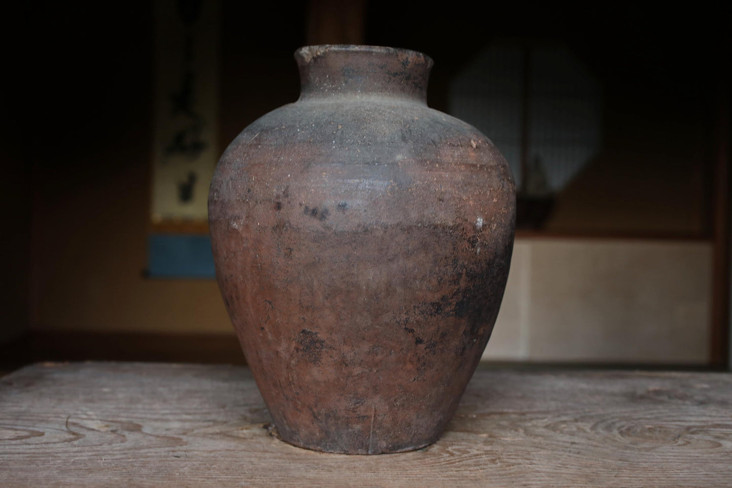 FINE! 1800s Japanese BIZEN hand made pottery jar Wabi Sabi kiln ceramic Edo Tea ceremony Ikebana H13.4×10.6in/H34×27cm