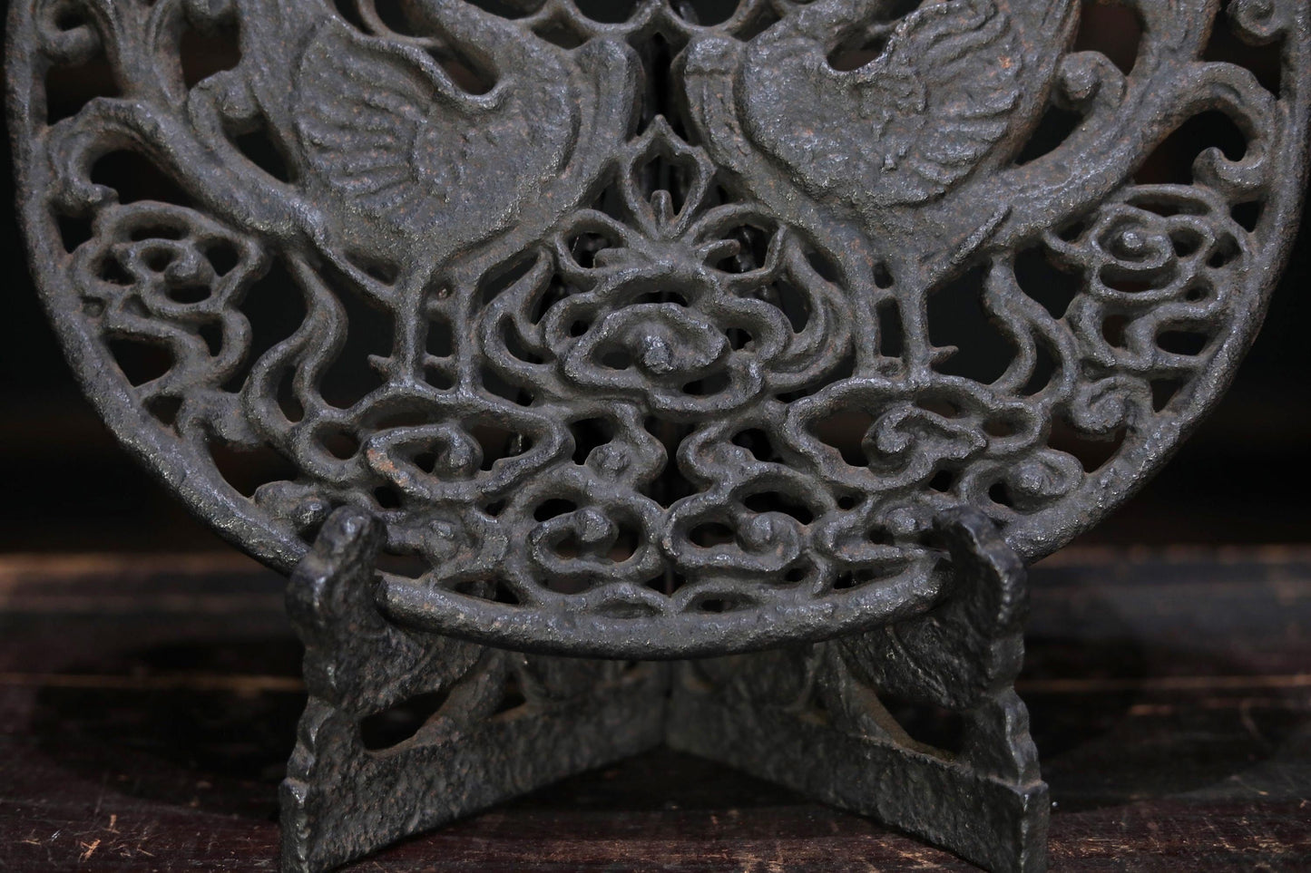 Japanese vintage buddhist metal art Phoenixes, Clouds and Flowers design wall decoration metal openwork with stand  H13.4in/H34cm