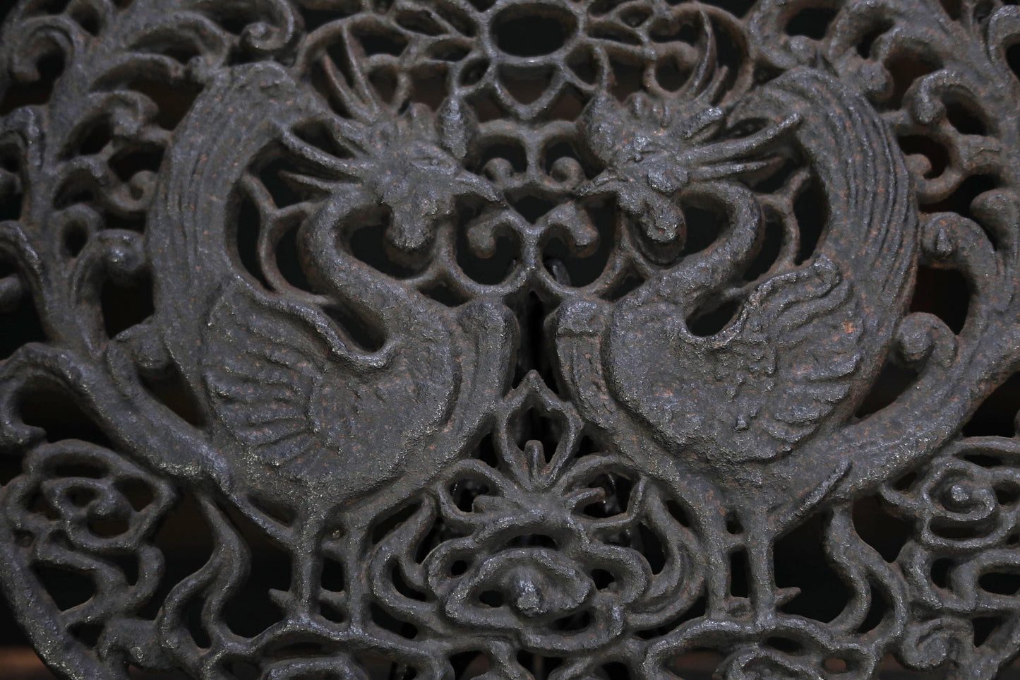 Japanese vintage buddhist metal art Phoenixes, Clouds and Flowers design wall decoration metal openwork with stand  H13.4in/H34cm