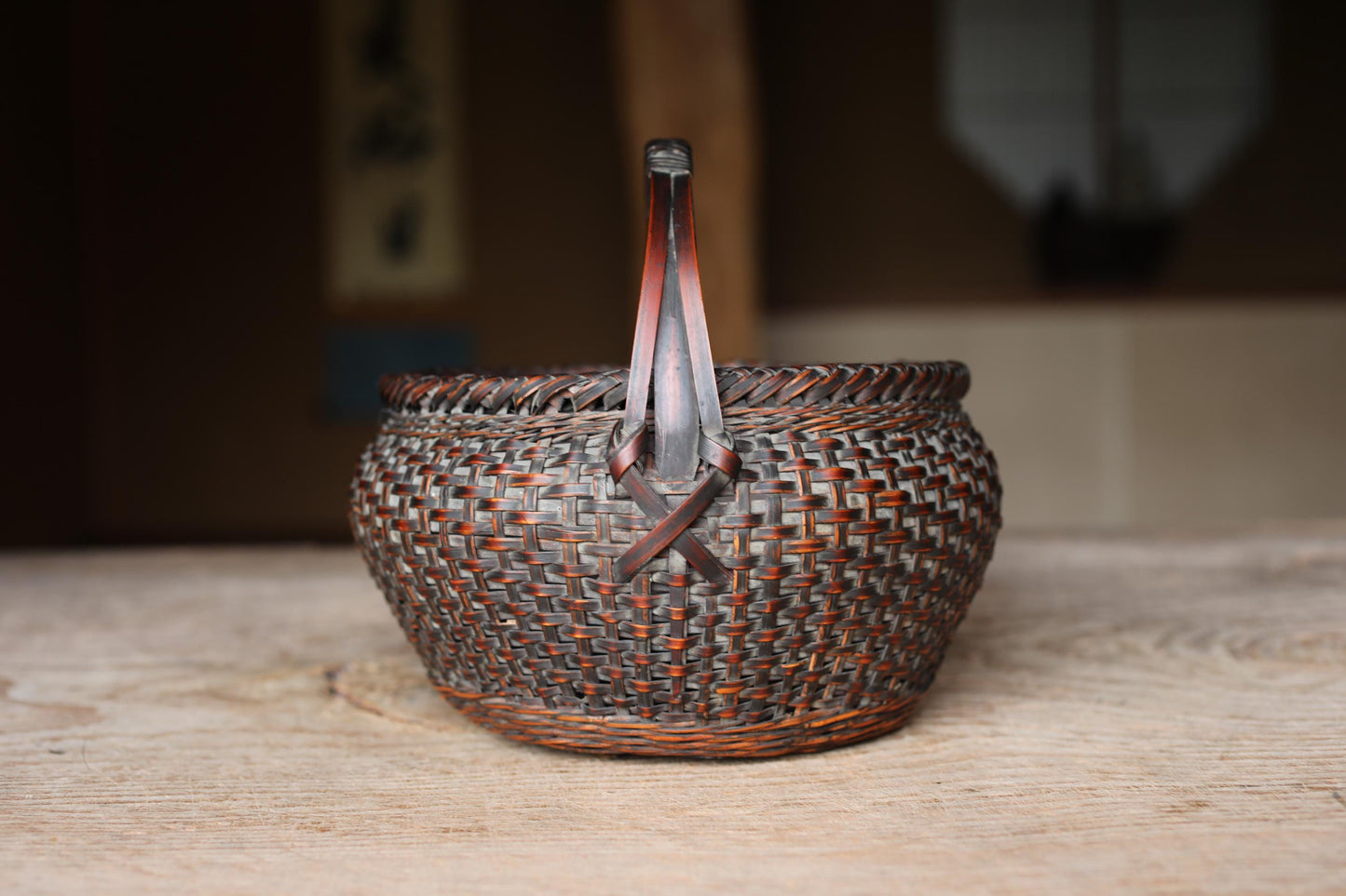 Japanese vintage 1950s bamboo woven small basket in smoke stained color For IKEBANA, Tea ceremony, Hana-kago H6.7in/H17cm