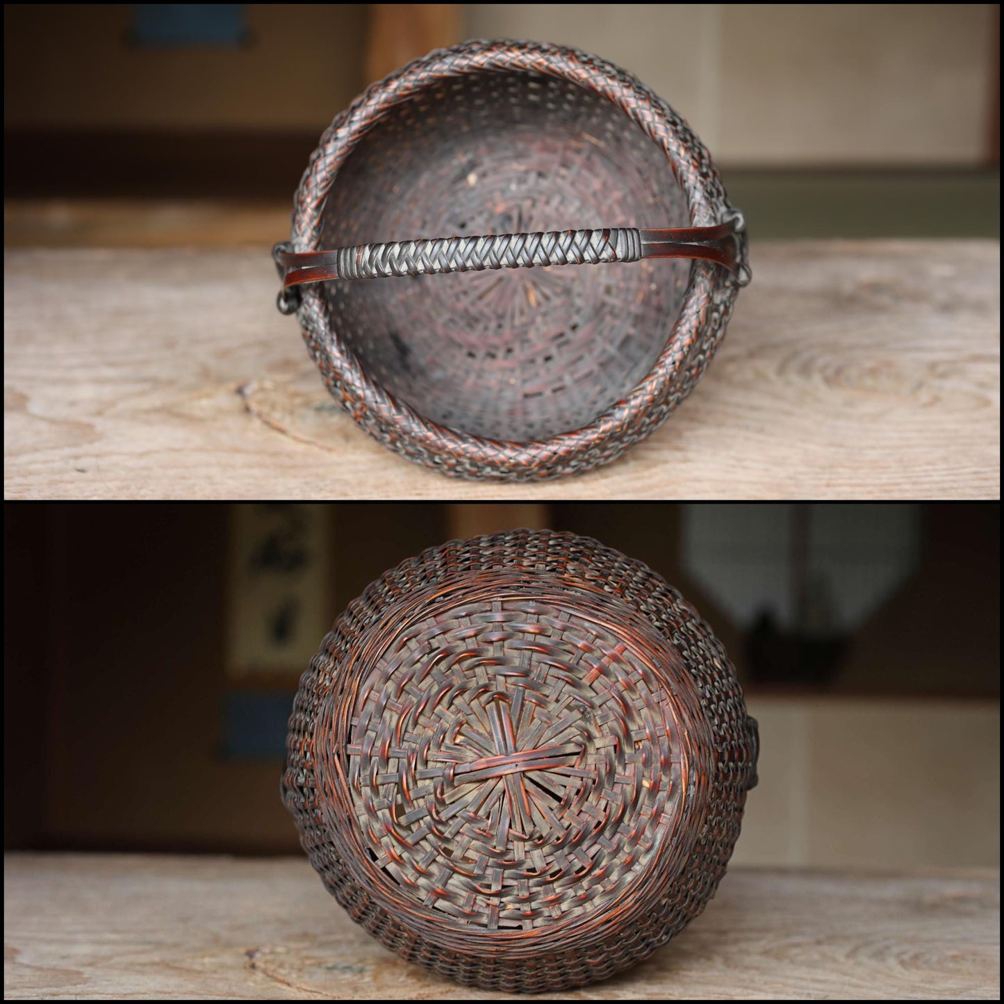 Japanese vintage 1950s bamboo woven small basket in smoke stained color For IKEBANA, Tea ceremony, Hana-kago H6.7in/H17cm