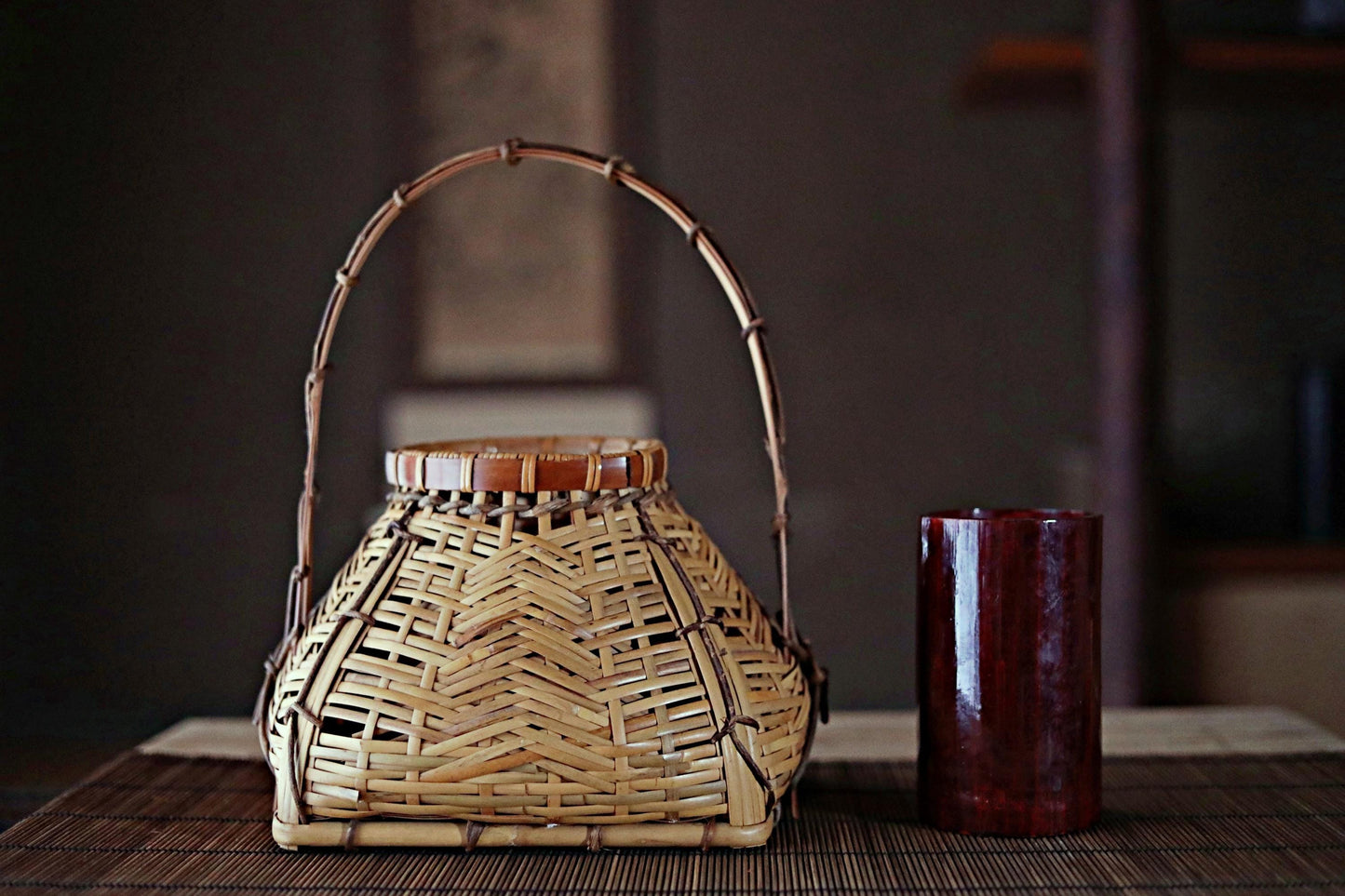 Japanese antique bamboo woven basket with Kanji signature, hand craft For IKEBANA Tea ceremony, Hana-kago 1950s H12.8×9.8in/H32.5×25cm