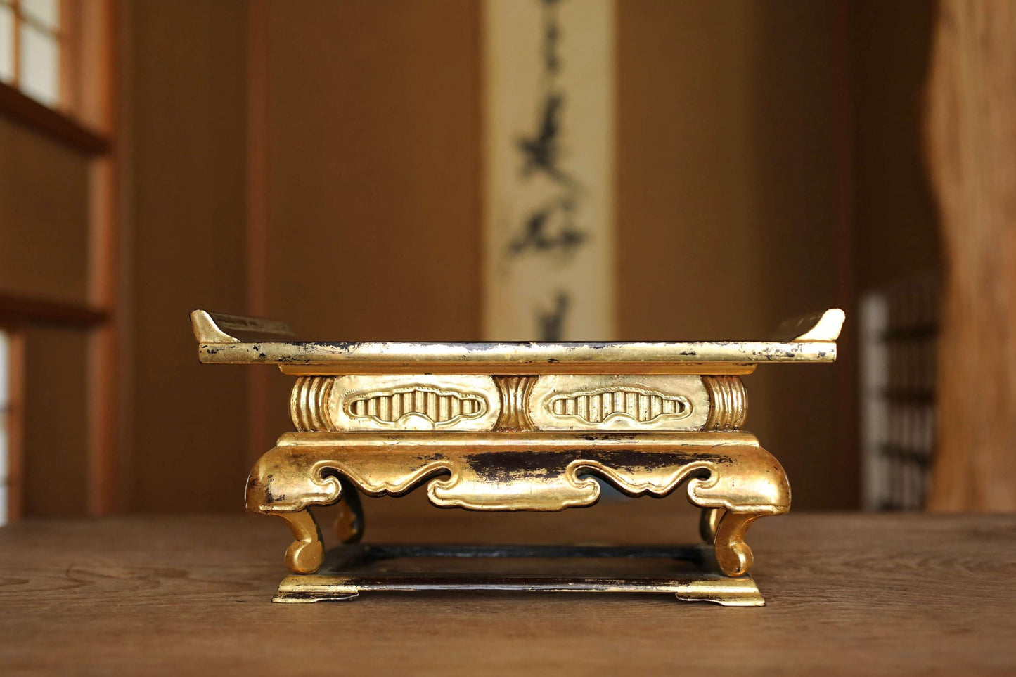 Japanese vintage gold lacquer pedestal, Buddhist table temple table Buddhist Wood Stand furniture black Sutra desk H5.6×12.4in/H14.2×31.4cm