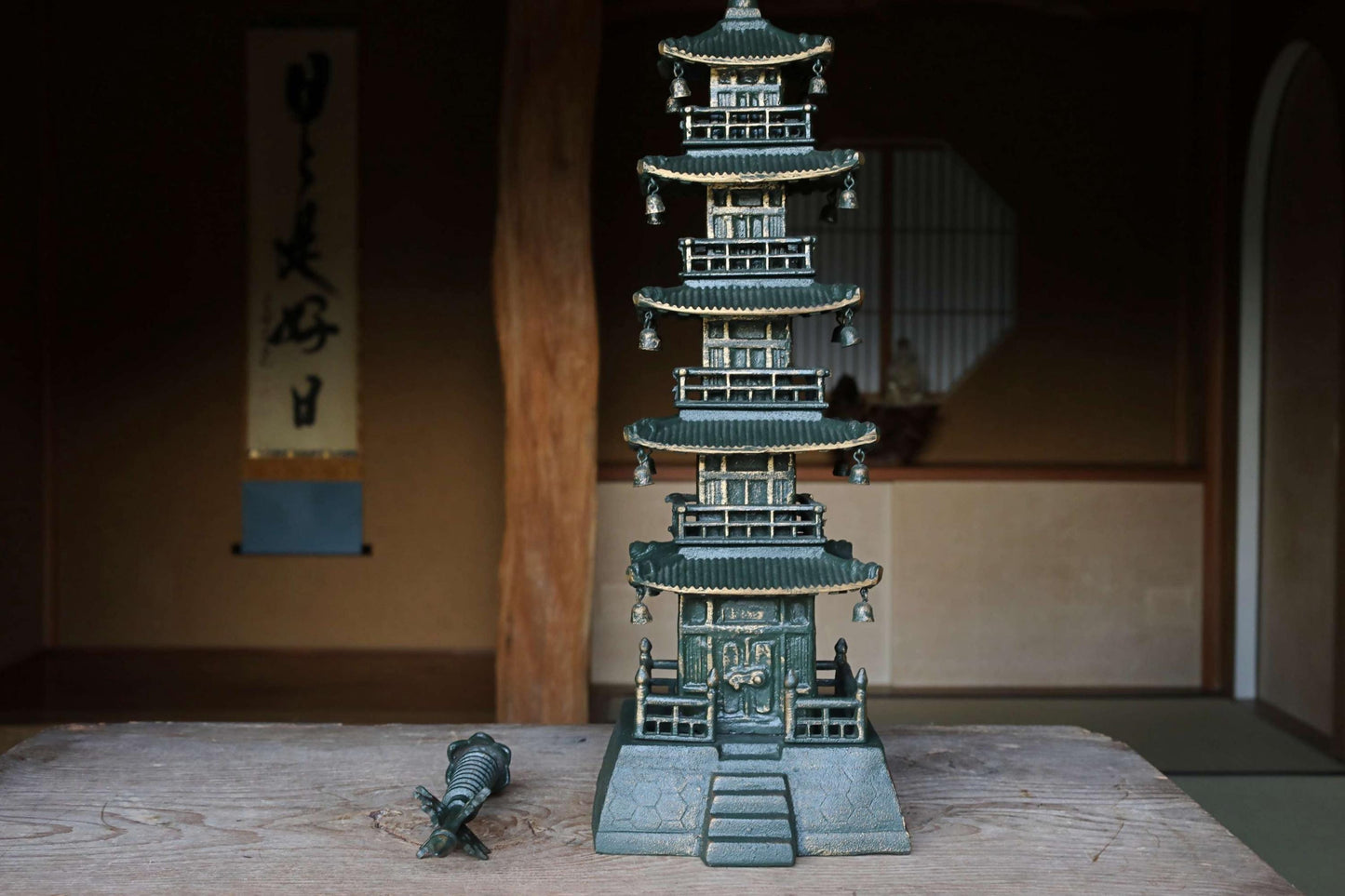 LARGE Japanese vintage iron five-storied Pagoda Buddhist architecture Kyoto garden design, Japanese metal interior H31.1×7.9in/H79×20cm