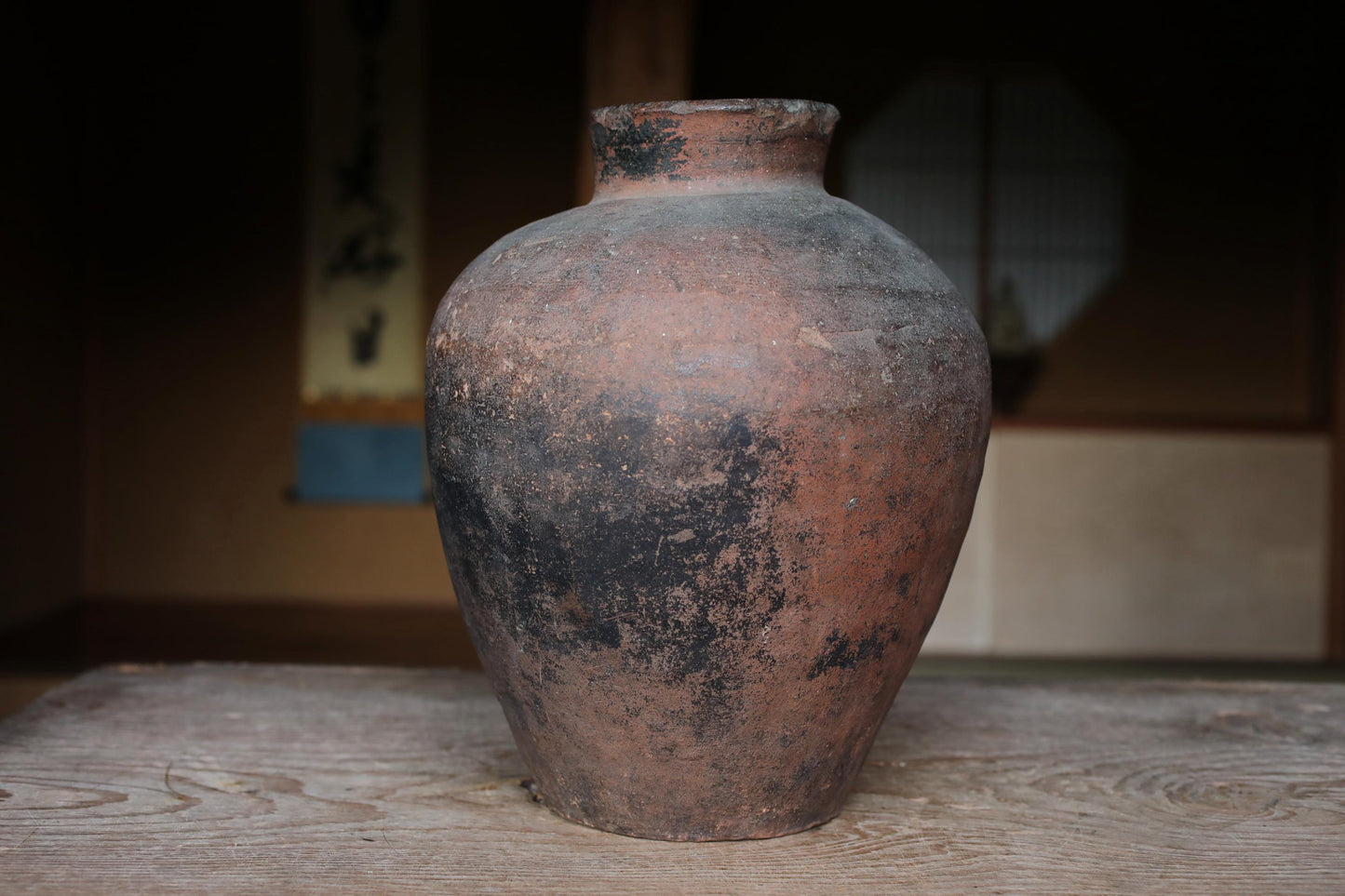 FINE! 1800s Japanese BIZEN hand made pottery jar Wabi Sabi kiln ceramic Edo Tea ceremony Ikebana H13.4×10.6in/H34×27cm