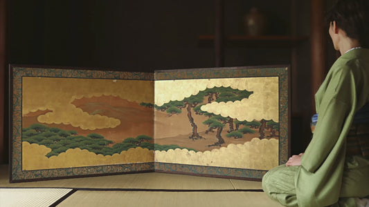FINE! Japanese antique furniture 1800s EDO Byobu wind screen hand painting, Real Gold Clouds with pine tree W74in/H188cm