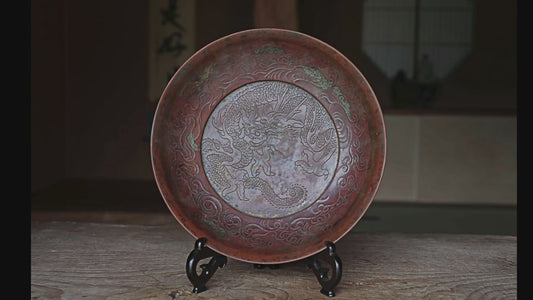 FINE! Japanese Antique 1800s buddhist monk plate with a relief of Dragon and clouds with wooden stand, For GIFT 9.8in/25cm