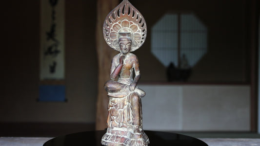 Japanese antique Bronze buddha Miroku Maitreya Bodhisattva statue buddhist temple statue (H10.8in/27.5cm)