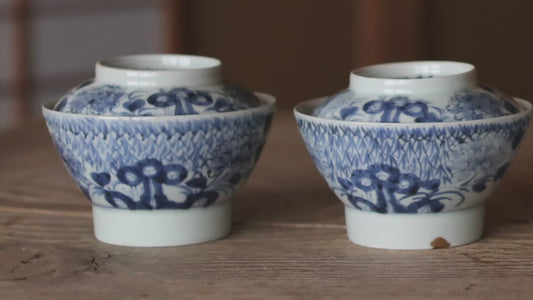 Antique Japanese Imari Ware Bowls with Lids, Indigo Blue Sometsuke, Set of 5, Edo