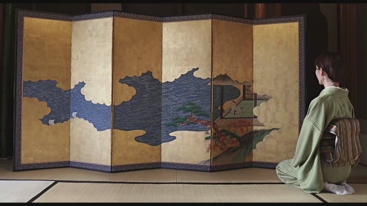 Antique Japanese furniture Byobu wind screen of hand painting Tale of Genji 1700s Real Gold Clouds Sea W111in/W282cm