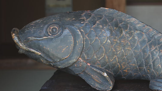 Large Wooden Fish, Japanese Antique Mingei, Irori Jizai Hook